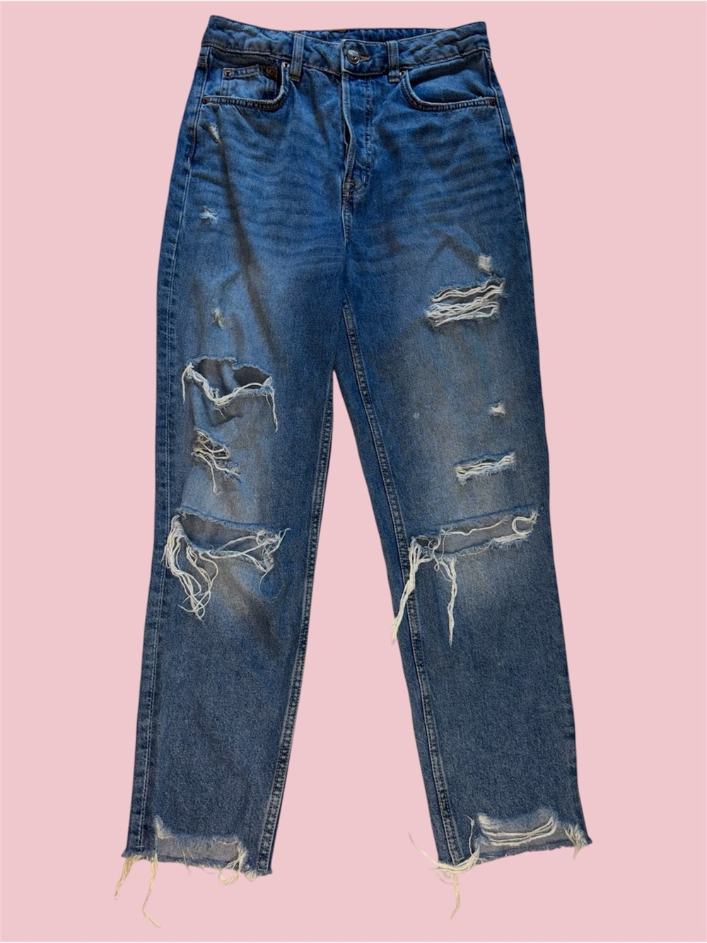 Divided H&M Medium Wash Blue Distressed High Rise Straight Leg Jeans